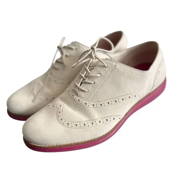 Cole Haan ZeroGrand Oxford Shoes Women 10 White Suede Pink Sole Lace Up Wingtip - Picture 3 of 12